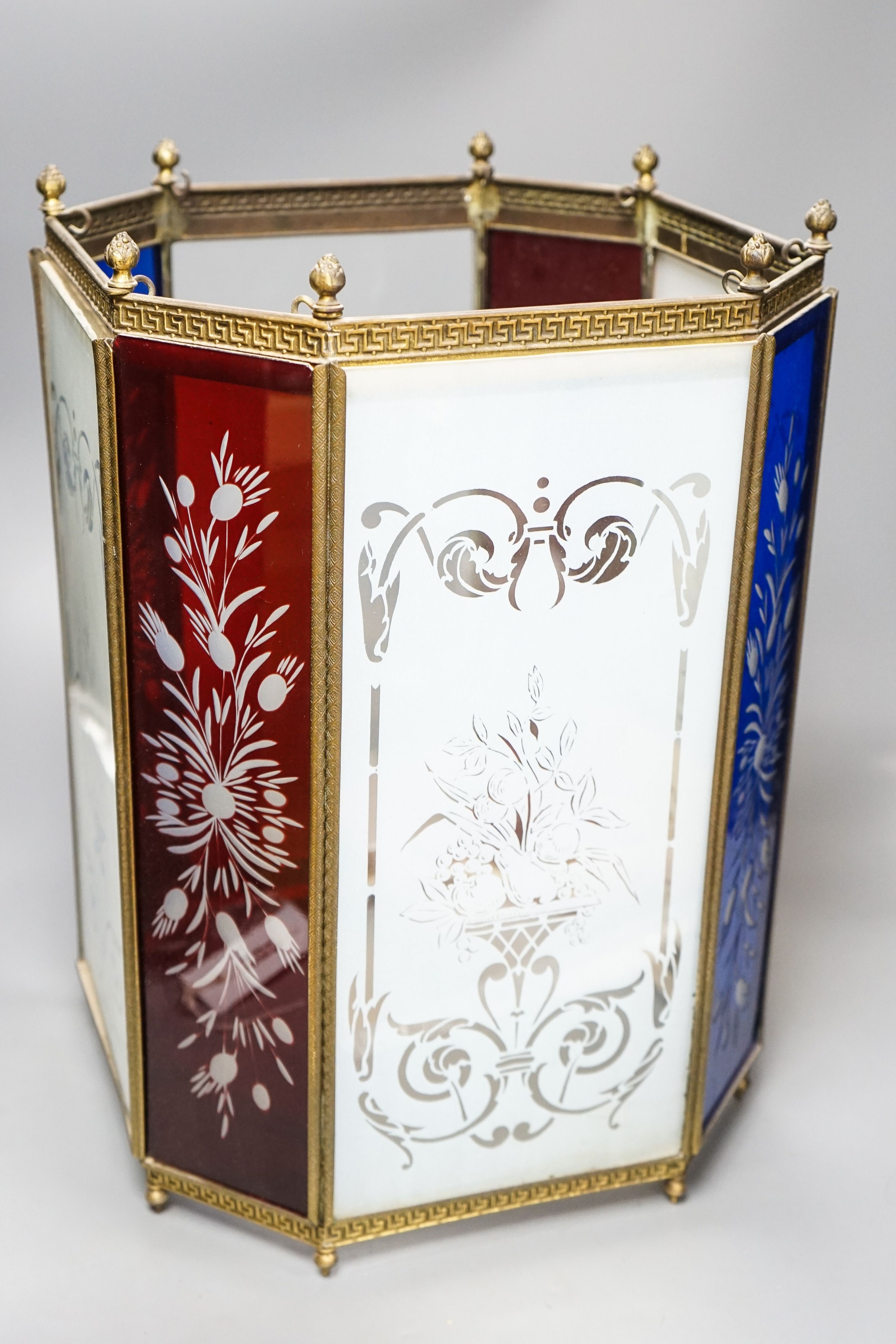 An Edwardian brass and stained glass hall lantern, 45cm